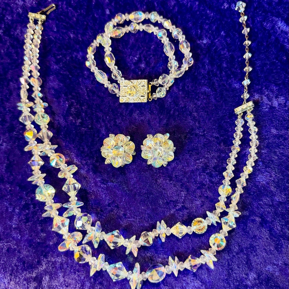 Aurora Borealis Crystal 2-strand necklace, bracelet, & clip on earring set VTG